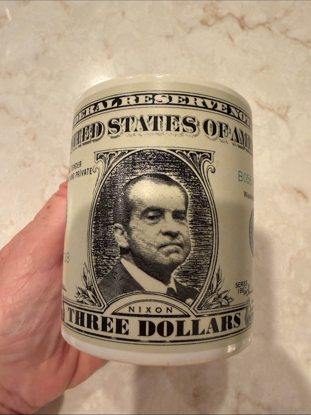 1972 Vintage President Nixon 3 Dollar Print Ceramic Mug - Green and White